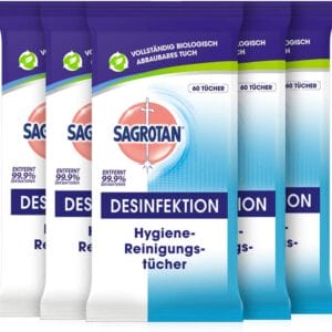 Sagrotan Hygienereinigungstücher – Für die praktische Reinigung und Desinfektion von Oberflächen – 5 x 60 Feuchttücher in wiederverschließbarer Verpackung