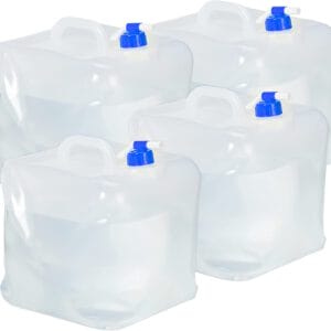 Relaxdays Faltkanister 4er Set, 20 l, Hahn, Schraubdeckel, Griff, Wasserkanister Camping, BPA-frei, transparent/blau