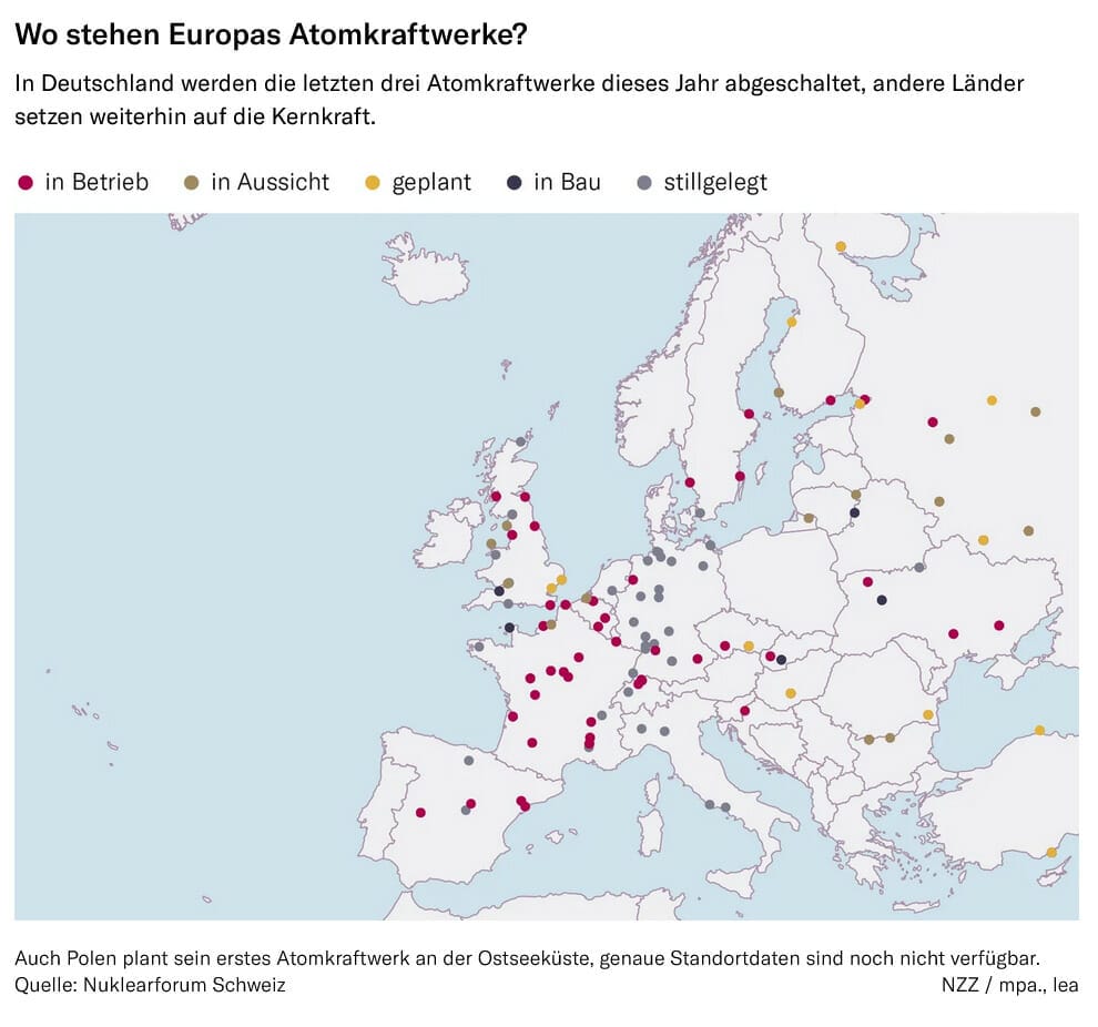 Grafik in der NZZ vom 11.8.2022 zu den Standorten von AKWs in Europa (fünf verschiedene Zustände).